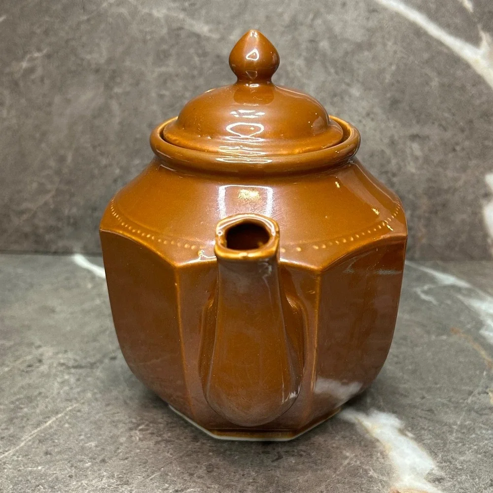 Vintage Ceramic Teapot Caramel Brown Glazed Tea Pot with Lid Dotted Trim Japan